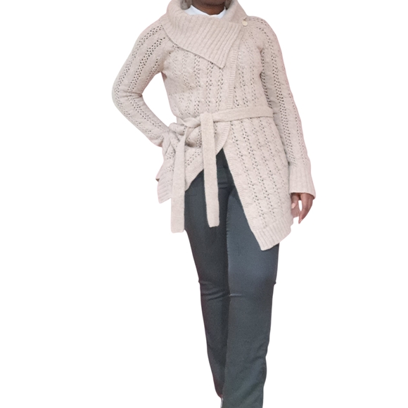 The Limited Sweaters - The Limited Beige Cowl Neck Sweater with Belt